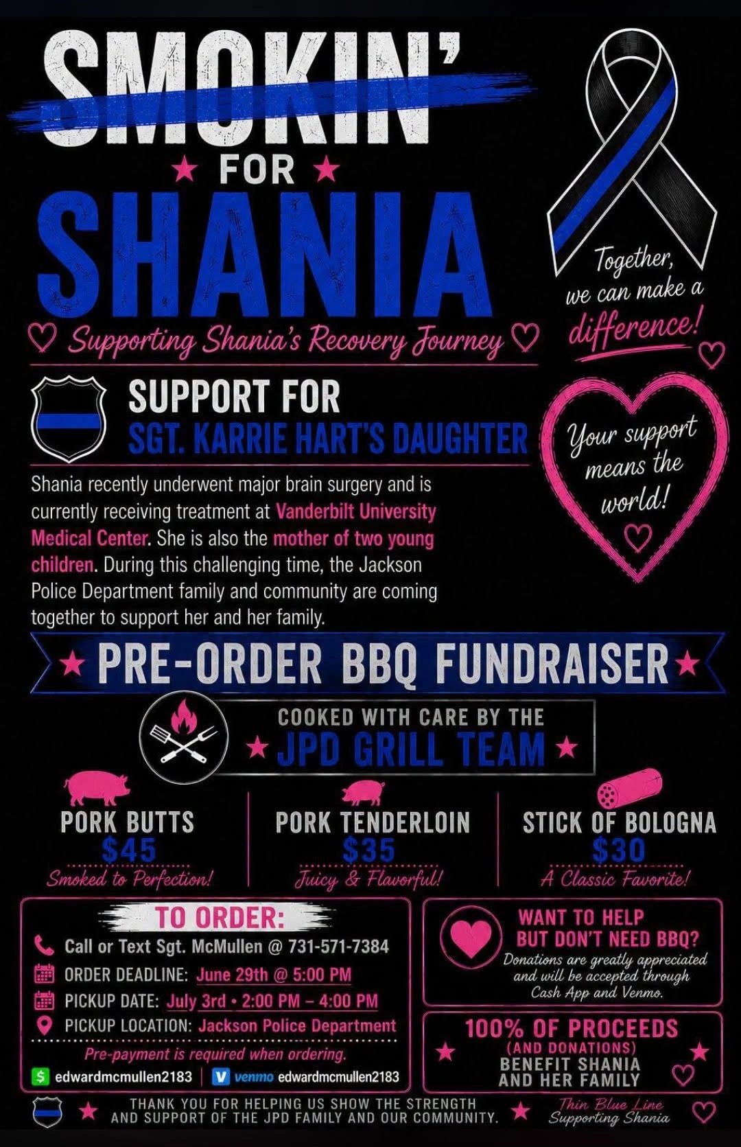 Smokin’ for Shania BBQ fundraiser flyer supporting Sgt. Karrie Hart’s daughter and her family.