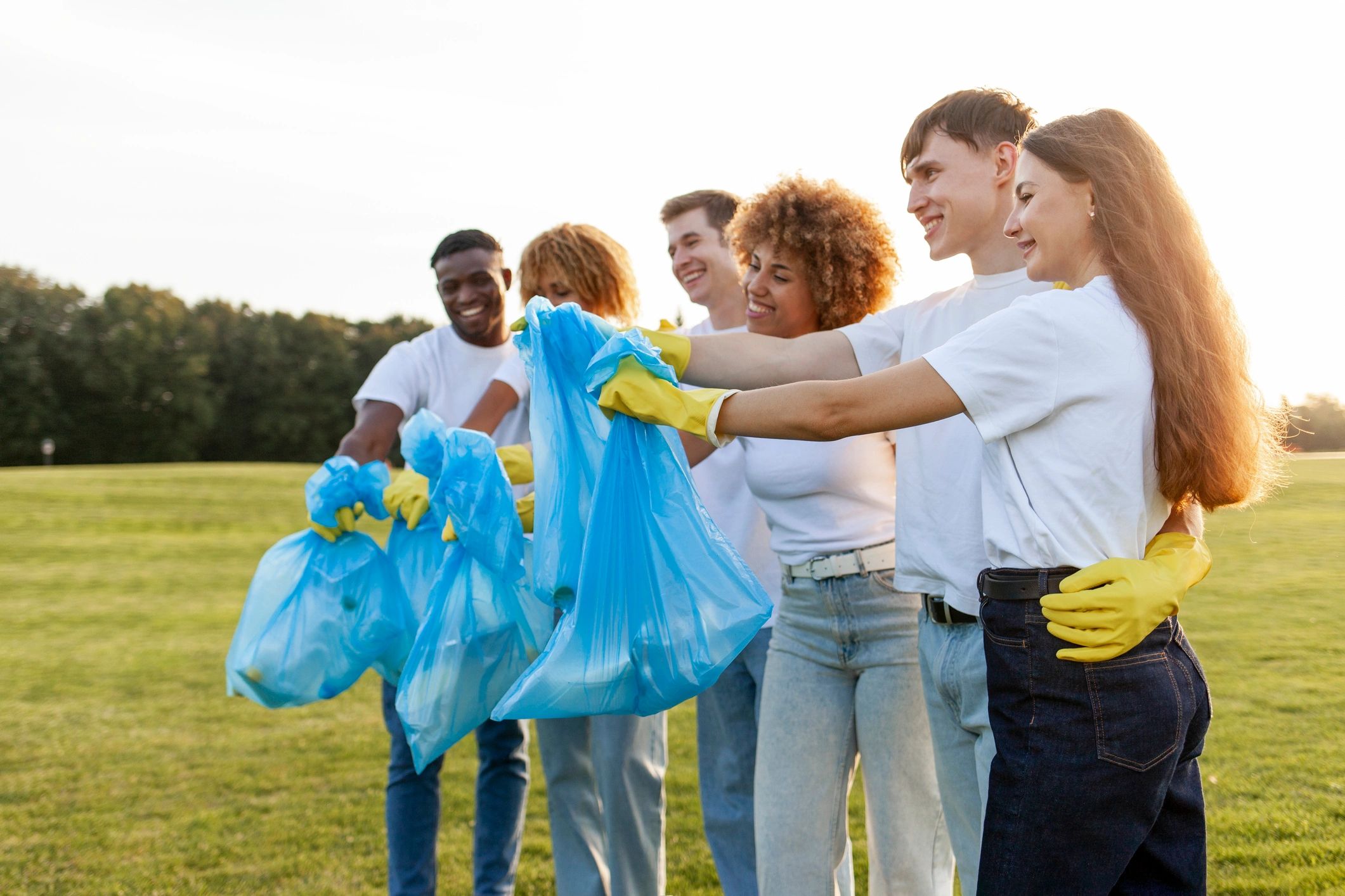 Volunteers wearing gloves and holding blue bags during an outdoor cleanup.