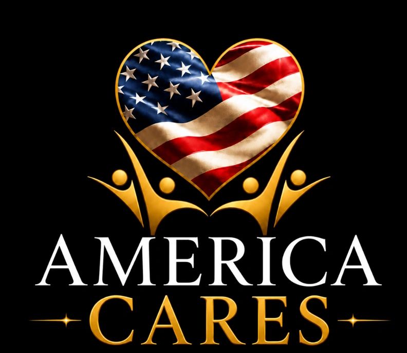 America Cares International logo with an American flag heart and gold figures on a black background.