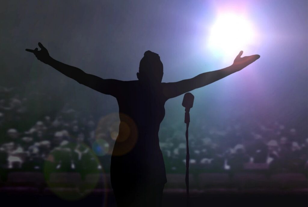 Silhouette of a performer with arms outstretched in front of a crowd and stage lights.